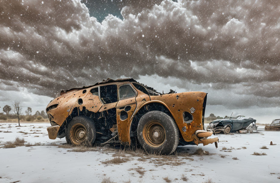 Abandoned bullet-riddled car in snowy, desolate landscape