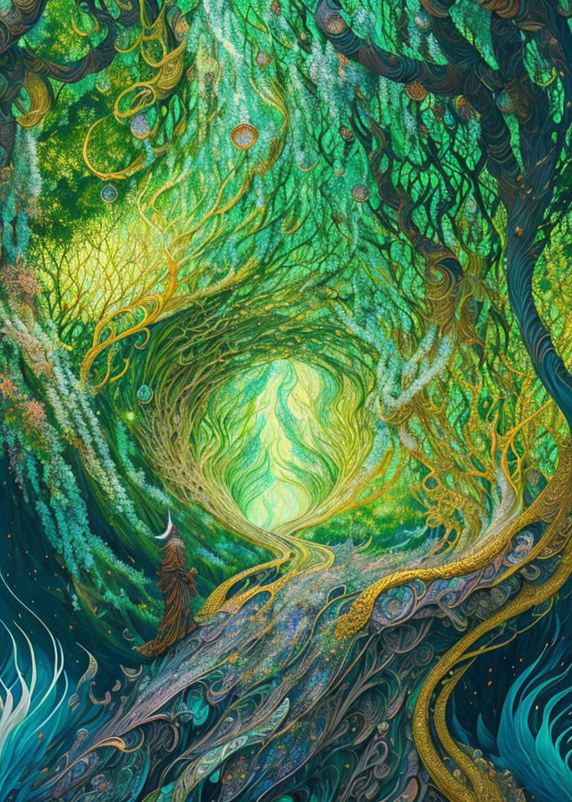 Fantastical forest with swirling tree patterns and luminous pathway