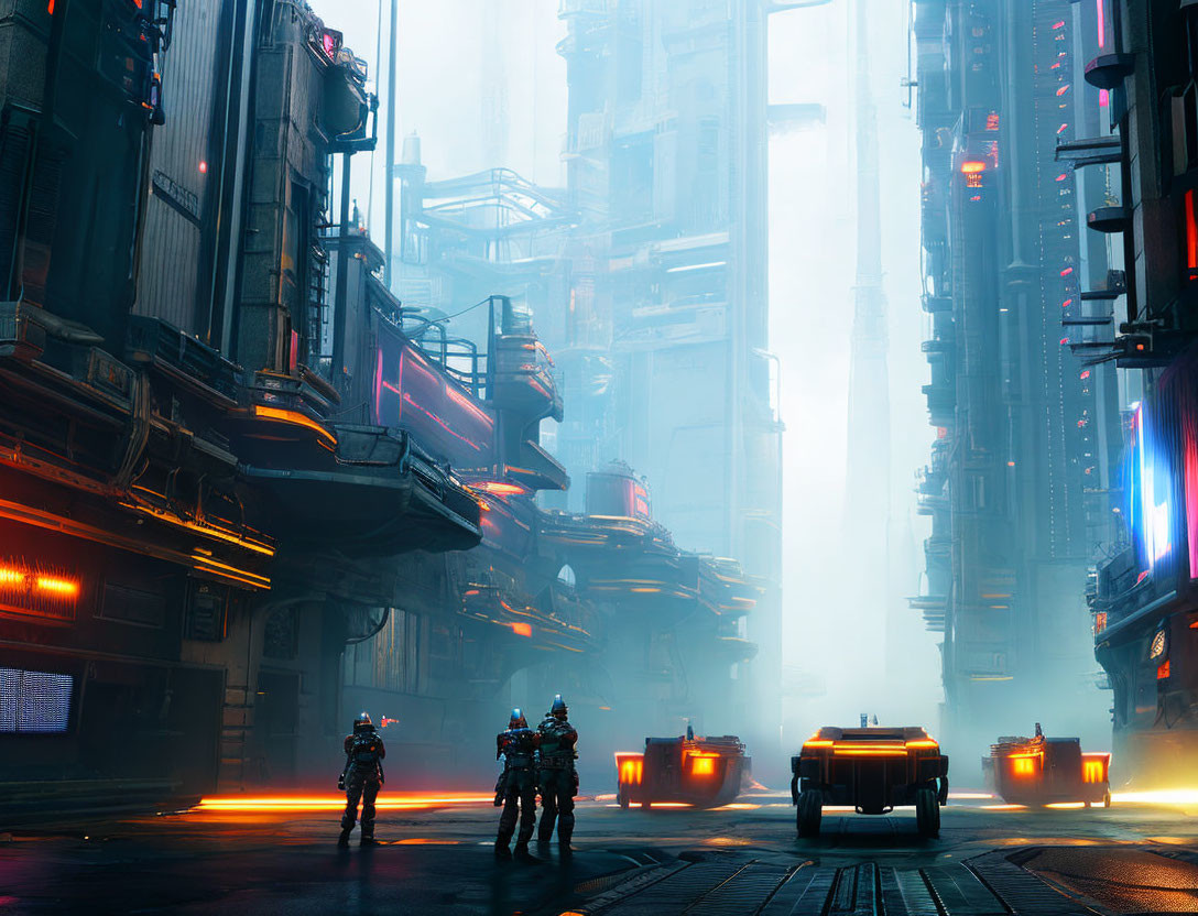 Futuristic cyberpunk cityscape with towering buildings and figures in armor