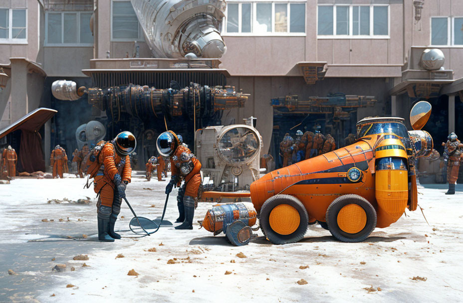 Astronauts in orange suits with futuristic spacecraft in desert setting