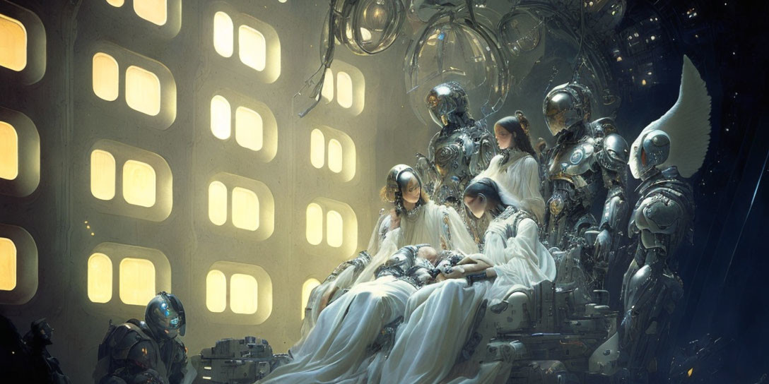 Sci-fi scene: Two figures in white with advanced robots in illuminated room