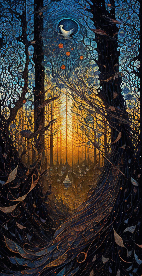 Twilight forest art with crescent moon and sunset