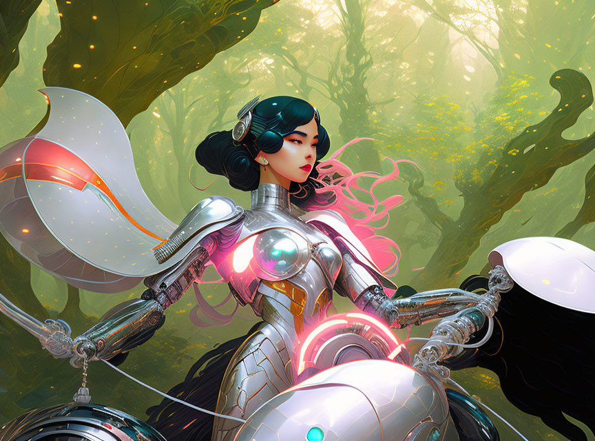 Silver-armored female warrior in glowing pink accents in a forest with ethereal light.