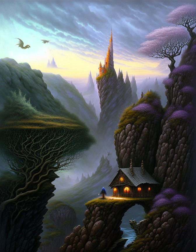 Mystical landscape with glowing cottage, ancient trees, fiery spire, twilight sky