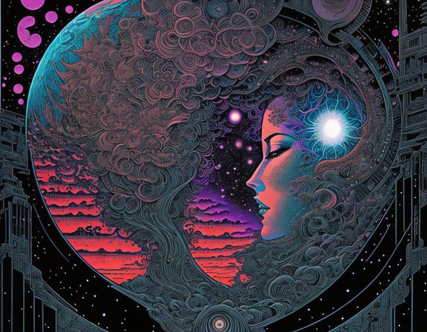 Psychedelic artwork: woman's profile merges with tree in cosmic scene