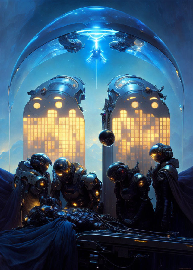 Futuristic astronauts in dome city with spaceships and artificial sun