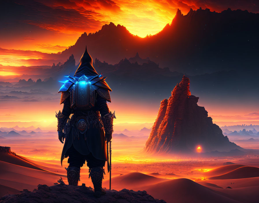 Warrior in Blue and Black Armor at Sunset Over Desert Landscape