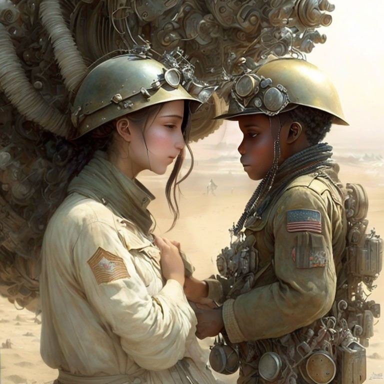 Futuristic soldiers holding hands in desert landscape