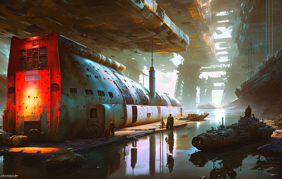 Abandoned futuristic hangar with derelict spaceship and decaying structures.