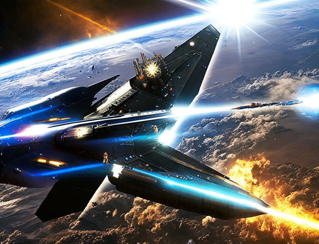 Futuristic spacecraft battle above Earth with explosions and energy beams