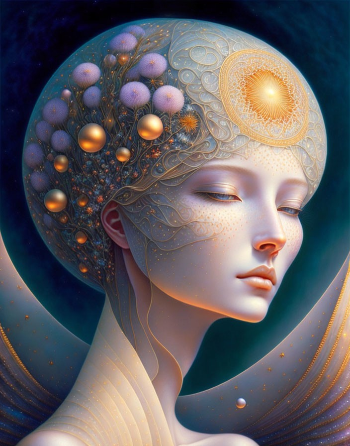 Celestial-themed serene figure with glowing orbs and radiant sun against starry backdrop