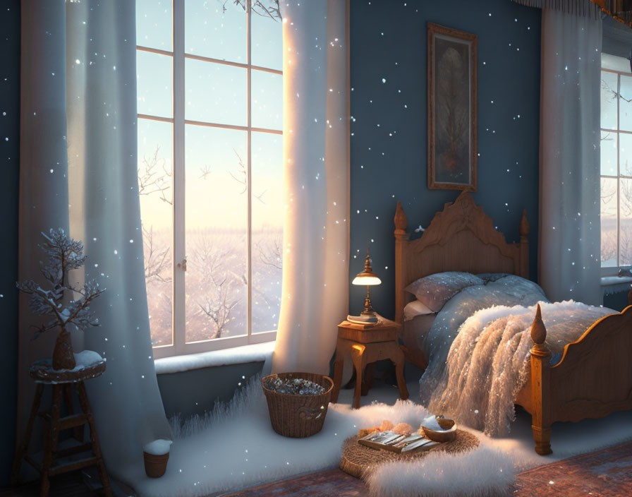 Winter bedroom scene with warm bed, snowy windowsill, glowing lamp, falling snow