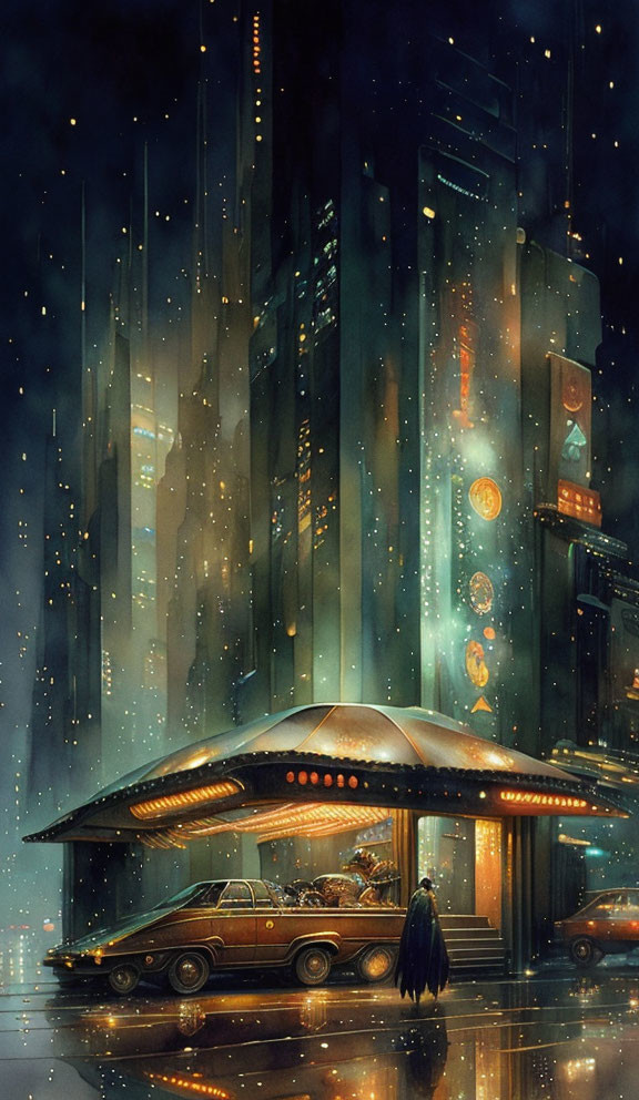 Futuristic spaceship with glowing lights and towering city skyscrapers on a rainy night