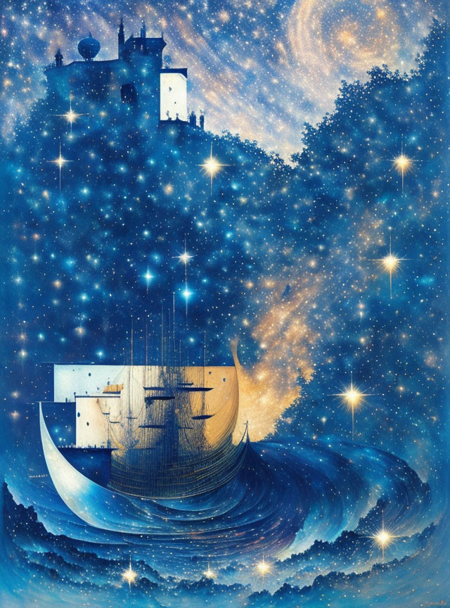 Surreal ship and castle illustration under starry sky