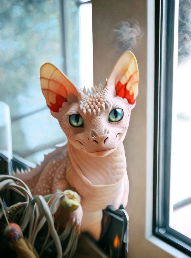 Intricate dragon figurine with large ears and green eyes resting by a window