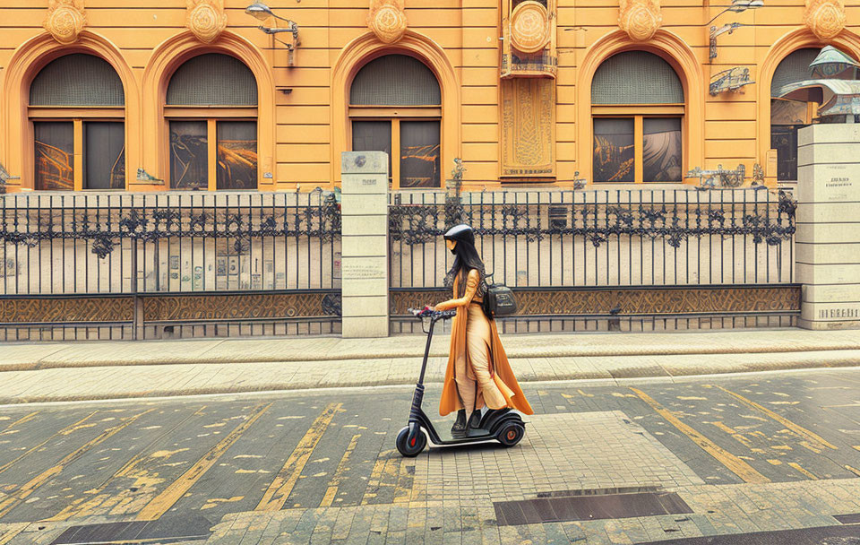 Person in Yellow Dress Riding Electric Scooter in Cityscape