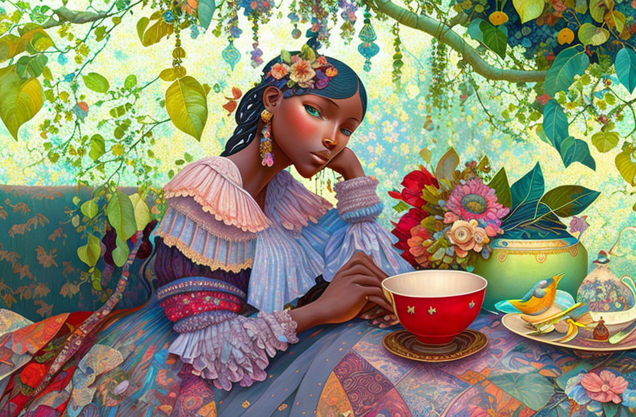 Illustration of blue-skinned girl at table with teacup, surrounded by fruits and flowers