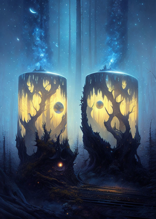 Fantasy landscape: Glowing trees under starry sky with mystical blue glow