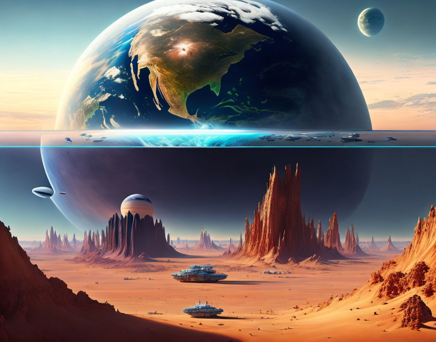 Futuristic sci-fi landscape with desert rocks, spaceships, earth-like planet, and moon in