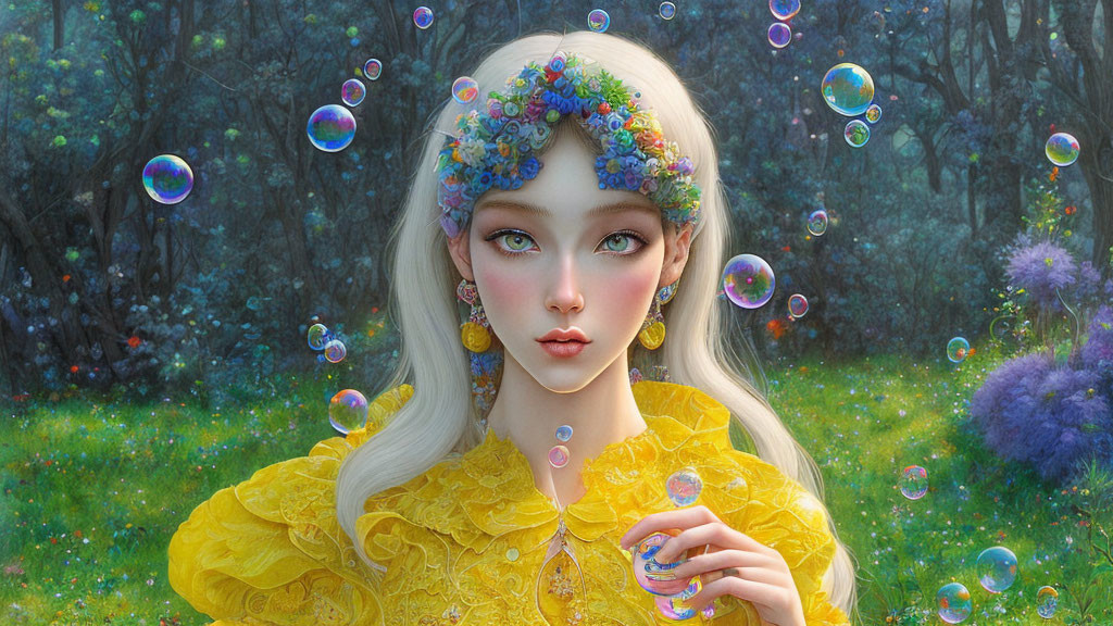 Digital artwork: Woman in floral crown, yellow dress, surrounded by iridescent bubbles in green me