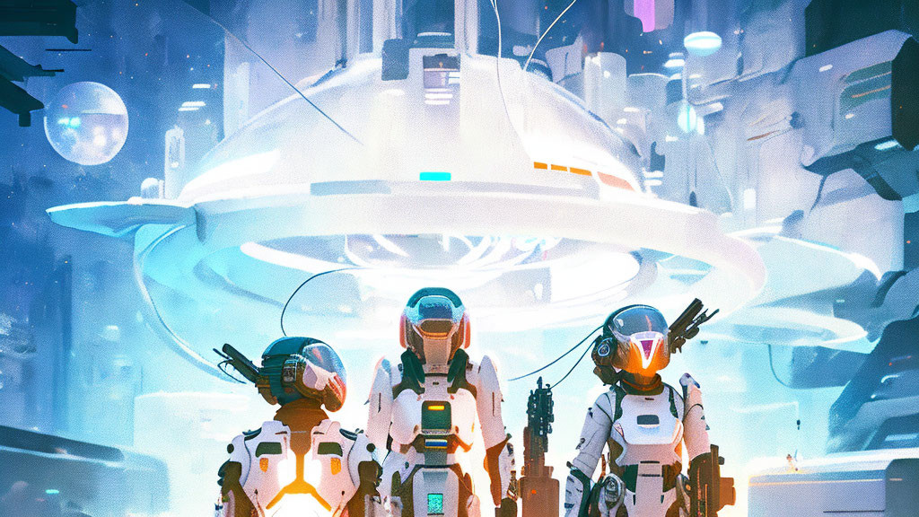 Futuristic cityscape with astronauts and spacecraft