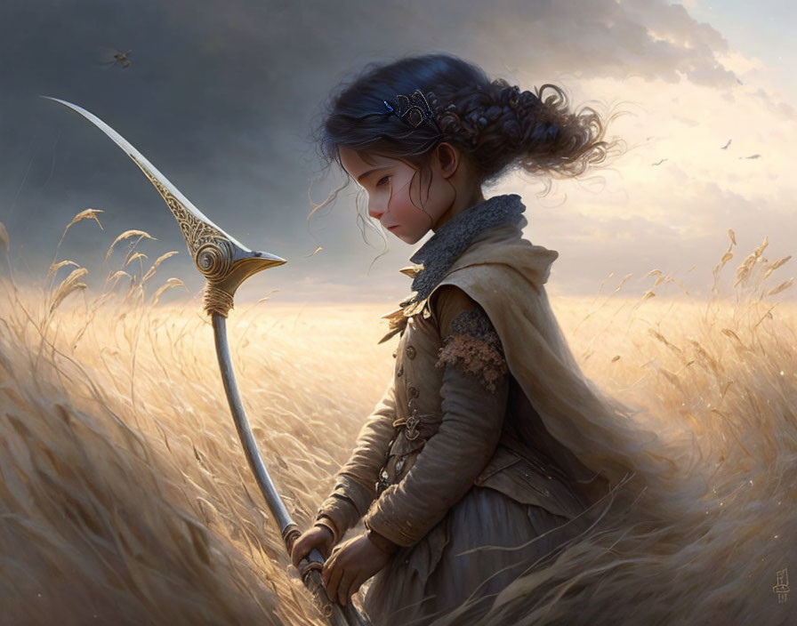 Young girl in historical attire with slender sword in wheat field under dramatic sky