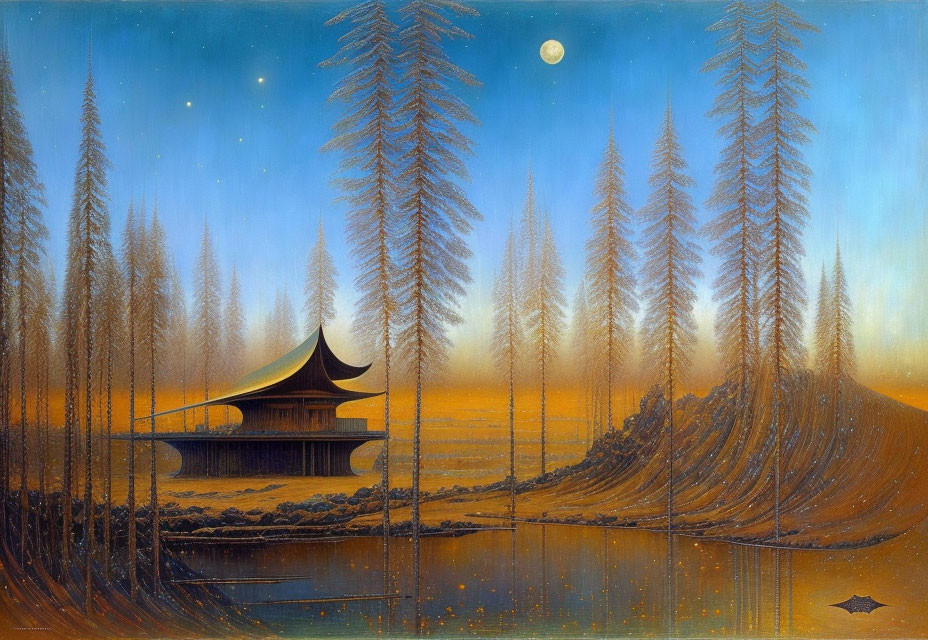 Traditional Asian Pagoda in Tranquil Twilight Landscape