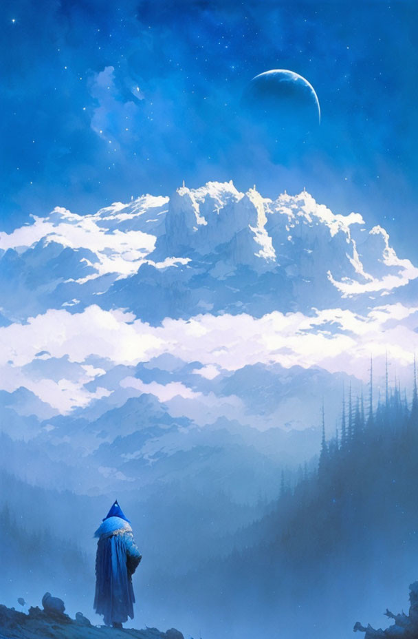 Cloaked Figure in Mountain Landscape Under Starry Sky