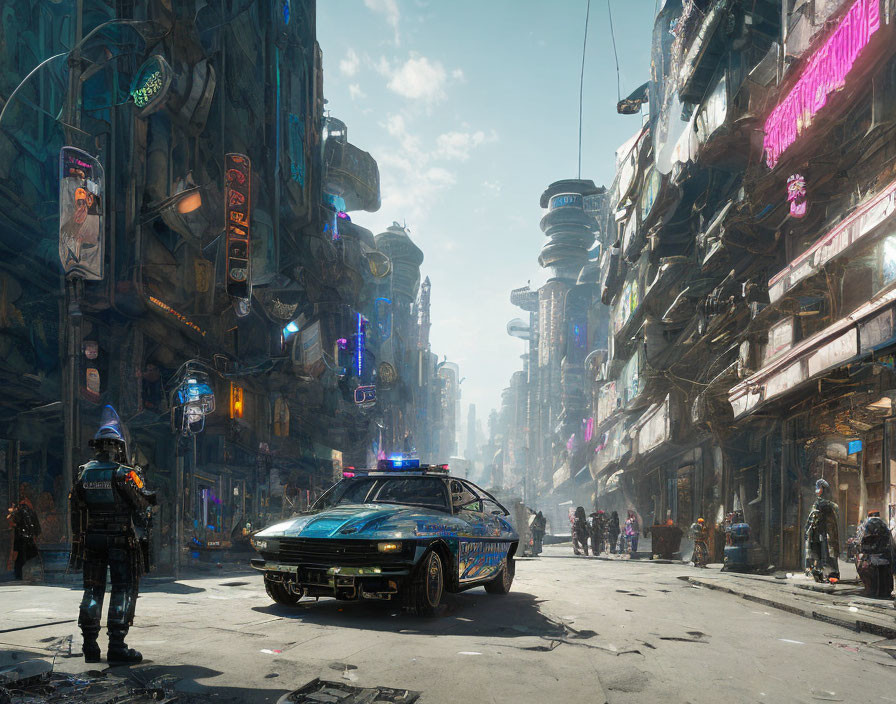 Futuristic cyberpunk city street with neon signs, police vehicle, pedestrians