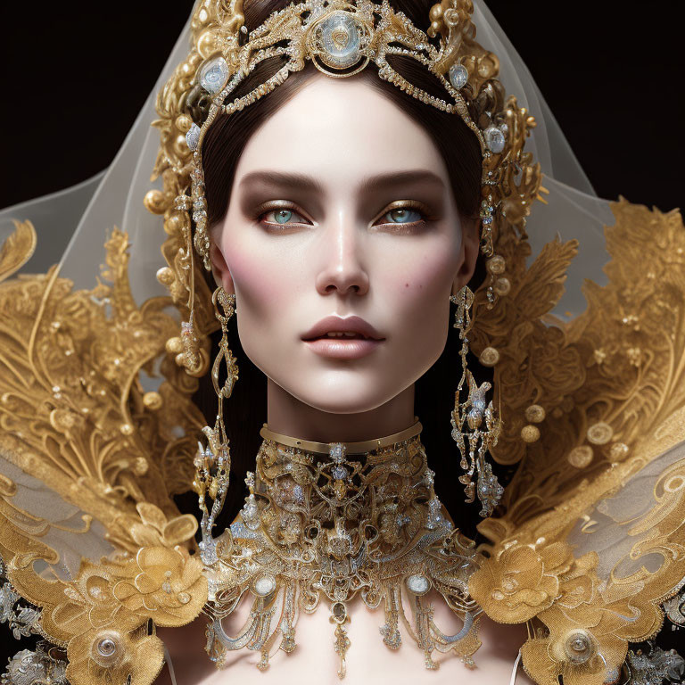 Detailed digital portrait of woman in ornate gold and pearl headgear and collar on dark background