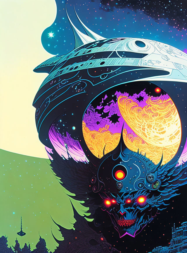 Colorful Sci-Fi Illustration: Spaceship, Dragon Creature, and Yellow Planet