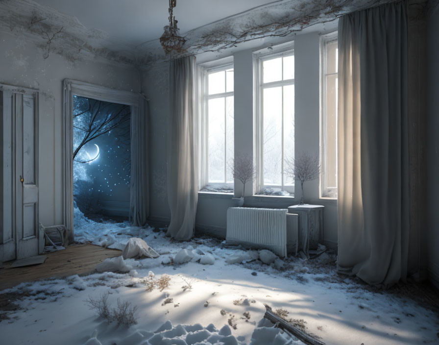 Room with Snow, Open Door, Windows, Chandelier, and Sunlight Shadows