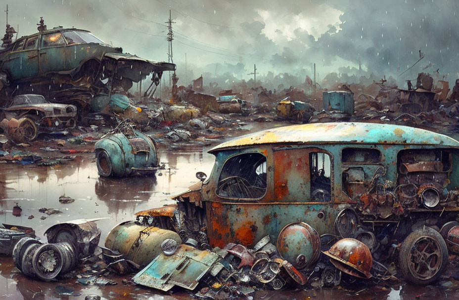 Dystopian landscape with rusted vehicles and debris under gloomy sky