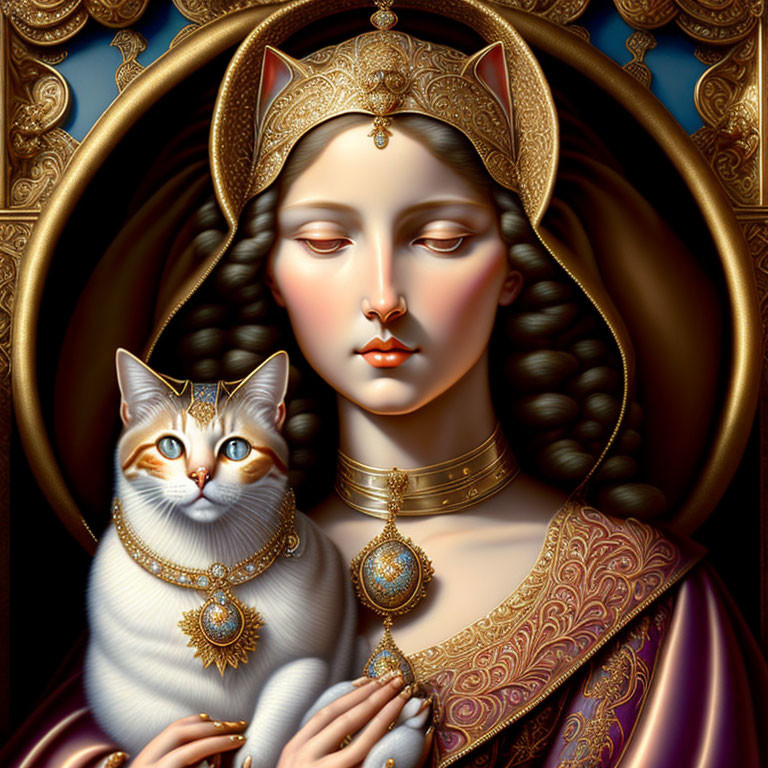 Regal woman with ornate headdress holding majestic cat on dark background