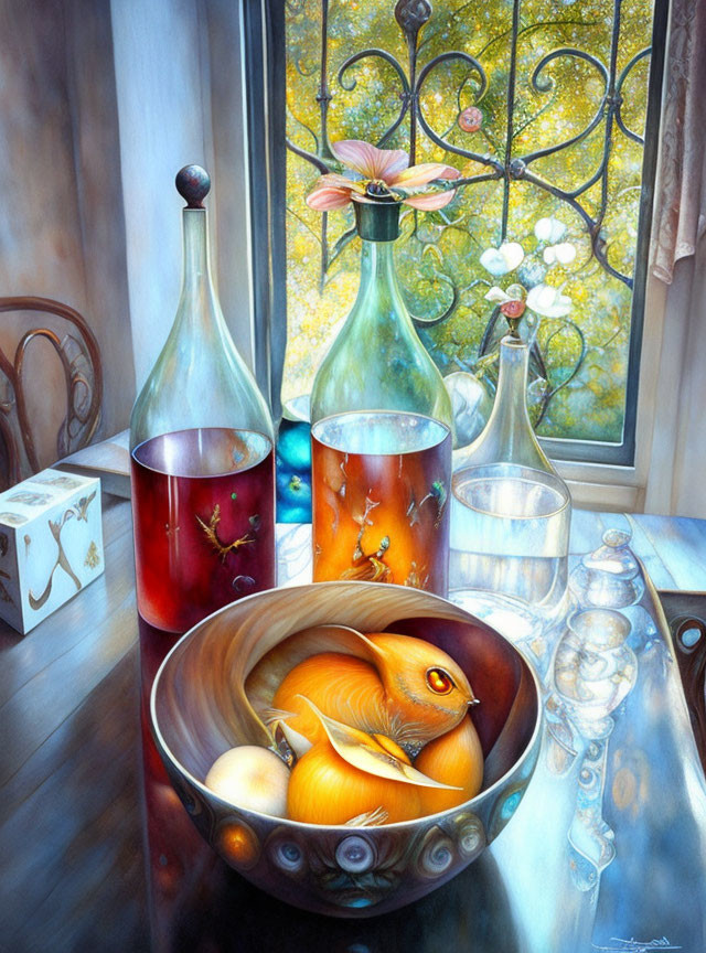 Colorful Glass Bottles, Bird Motif Bowl, Tree View Window in Still Life Painting