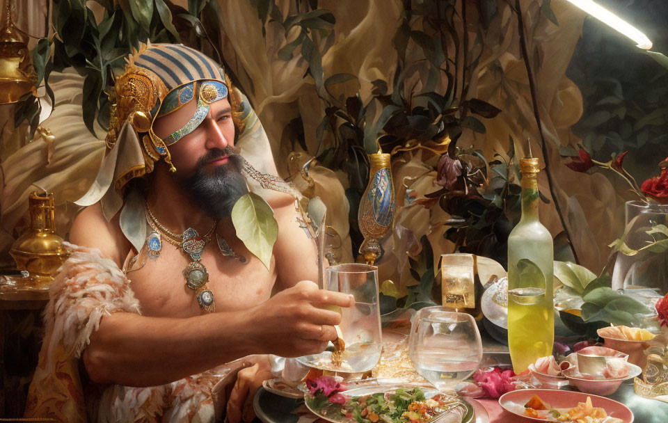 Opulent ancient ruler at lavish banquet table with food and drinks