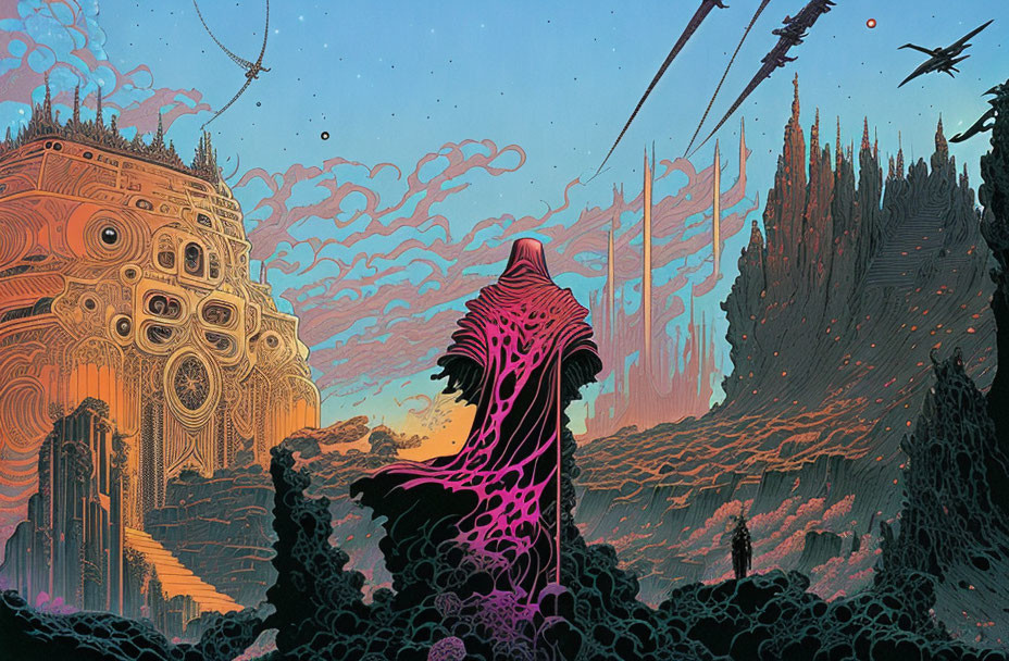 Detailed Sci-Fi Landscape with Silhouette and Ornate Structure