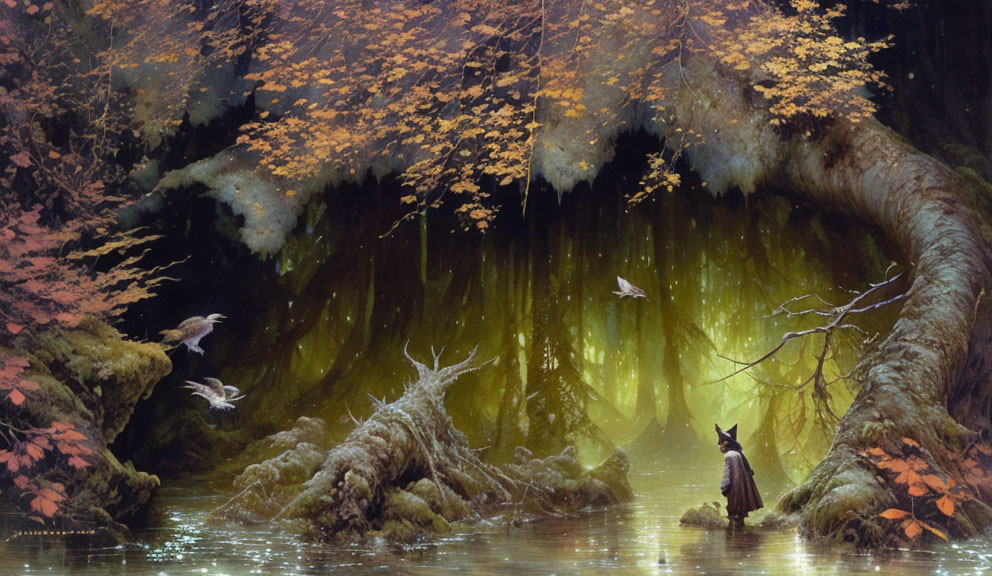 Golden autumn leaves, reflective water, flying birds, and a lone fox in a mystical forest landscape