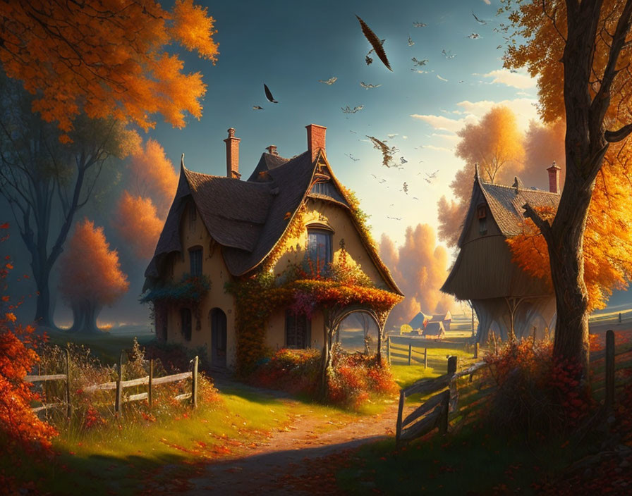 Thatched roof cottage in autumn landscape with orange leaves