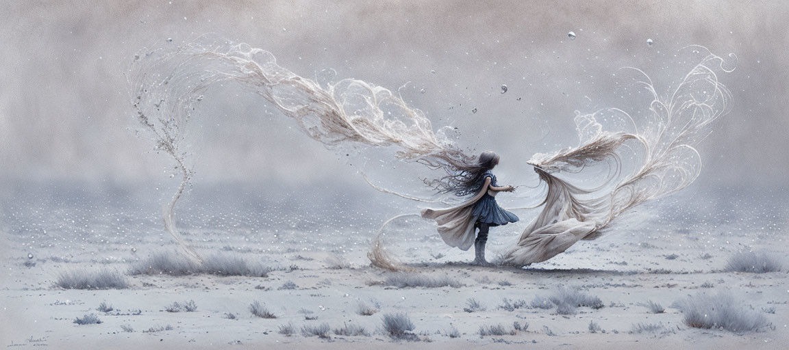 Mystical figure conjures swirling misty shapes in wintry backdrop