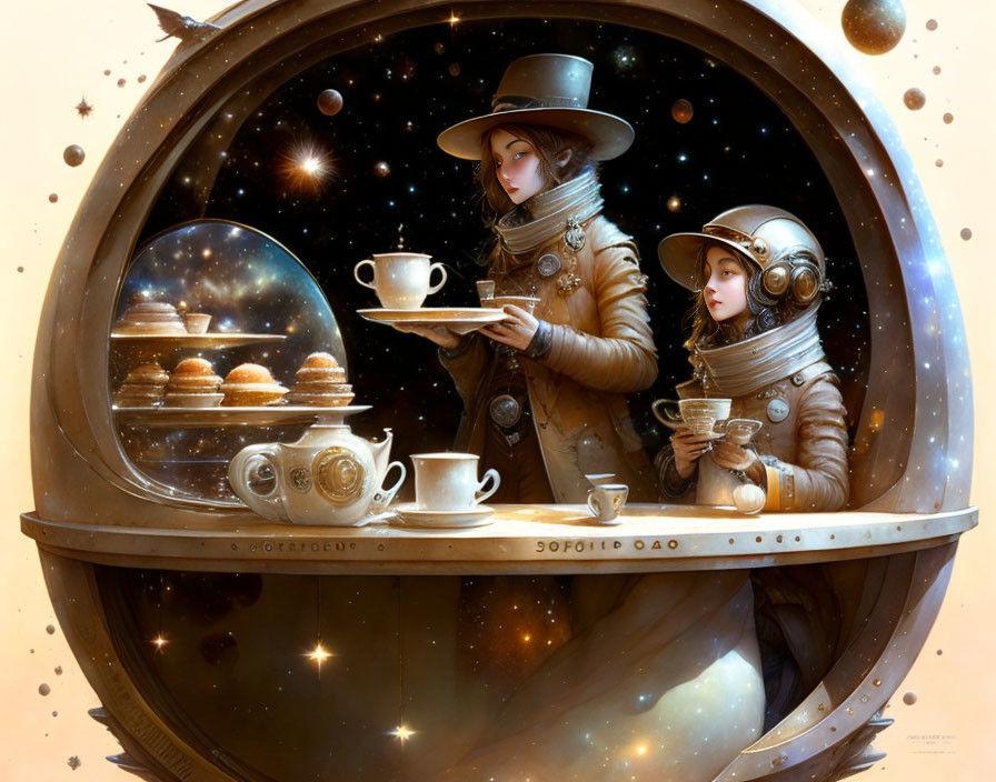 Whimsical space-themed café with vintage astronaut helmets serving tea and pastries