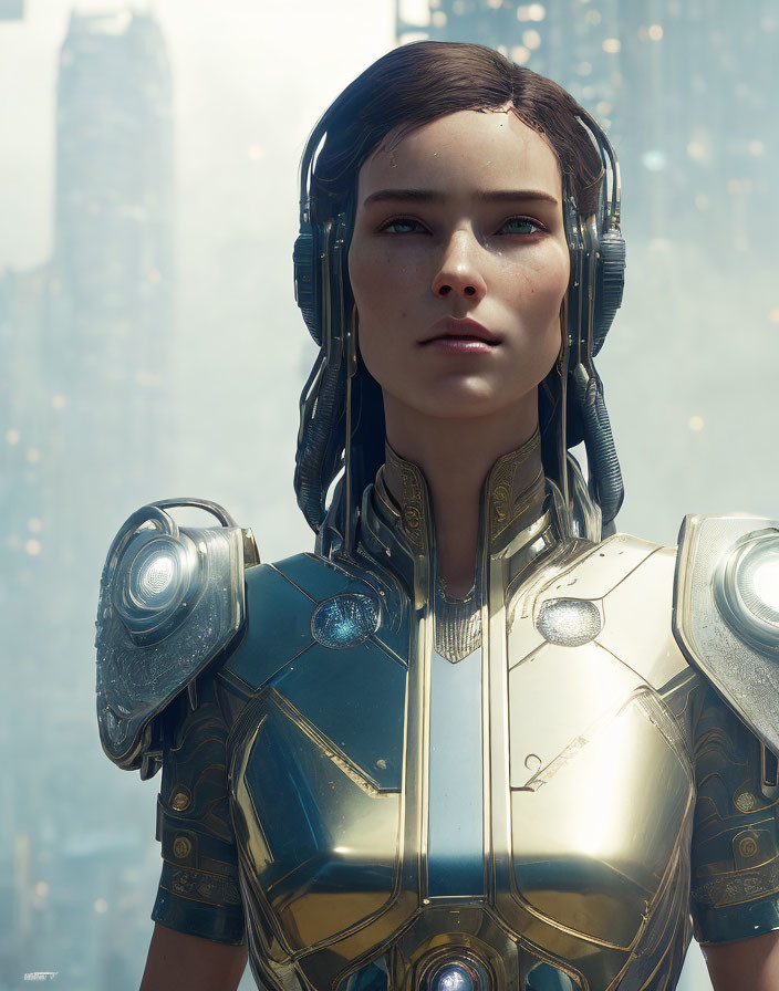 Realistic female android in gold and silver armor with city backdrop