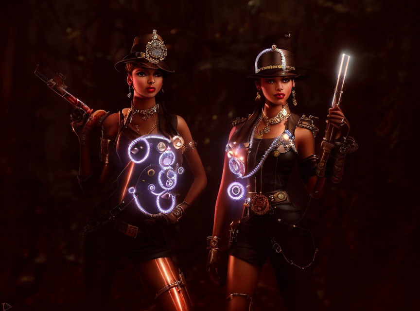 Steampunk-themed image of two women with glowing elements in dim lighting