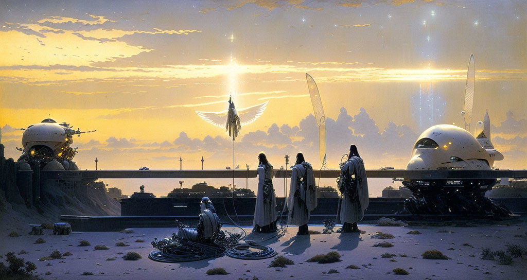 Futuristic sunset landscape with robed figures, holographic angel, spherical structures, and advanced tech