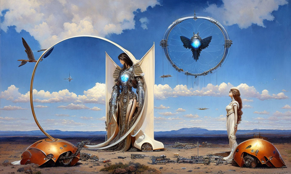 Surreal landscape with central figure, floating structure, woman, birds, and futuristic debris