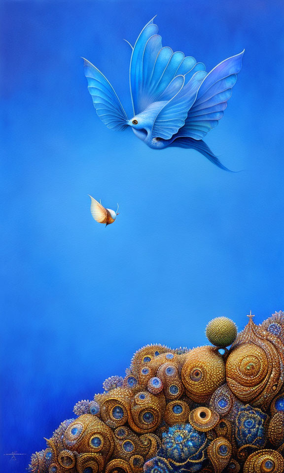 Stylized blue and beige birds fluttering over golden spheres on deep blue background