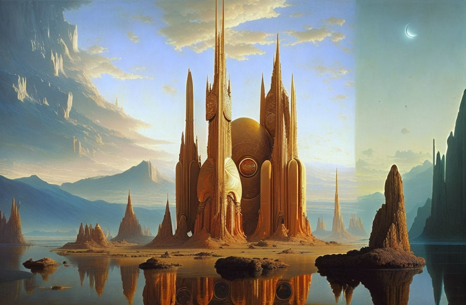 Majestic fantasy landscape with spires, reflective water, mountains, and moon