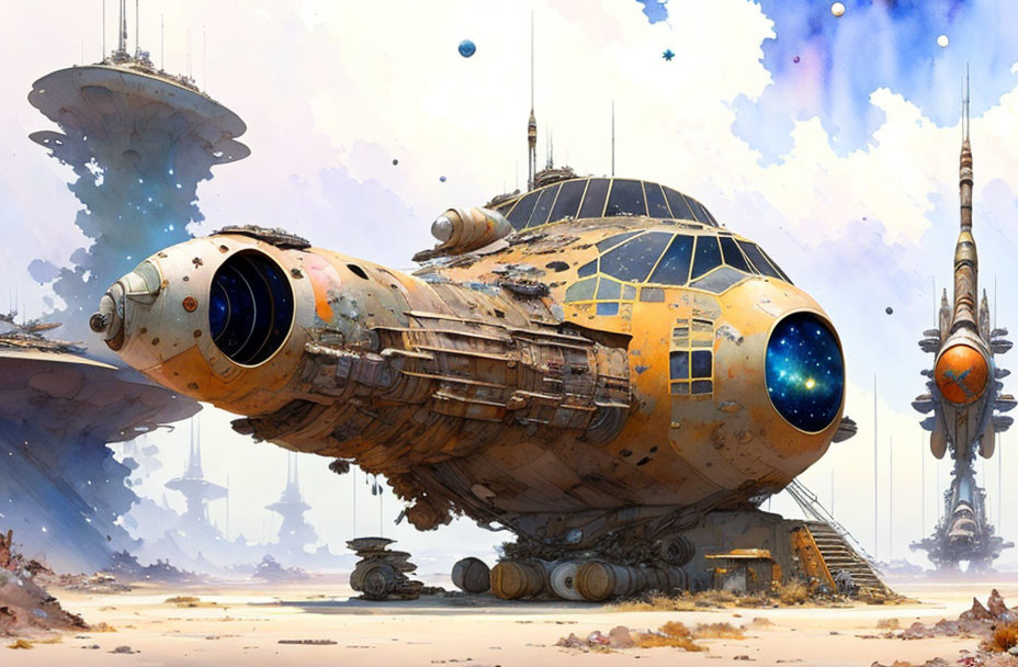 Weathered spaceship on desert terrain with futuristic structures and ships in background