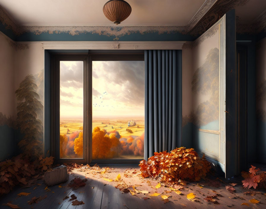 Tranquil autumn view through room window with fallen leaves and golden landscape