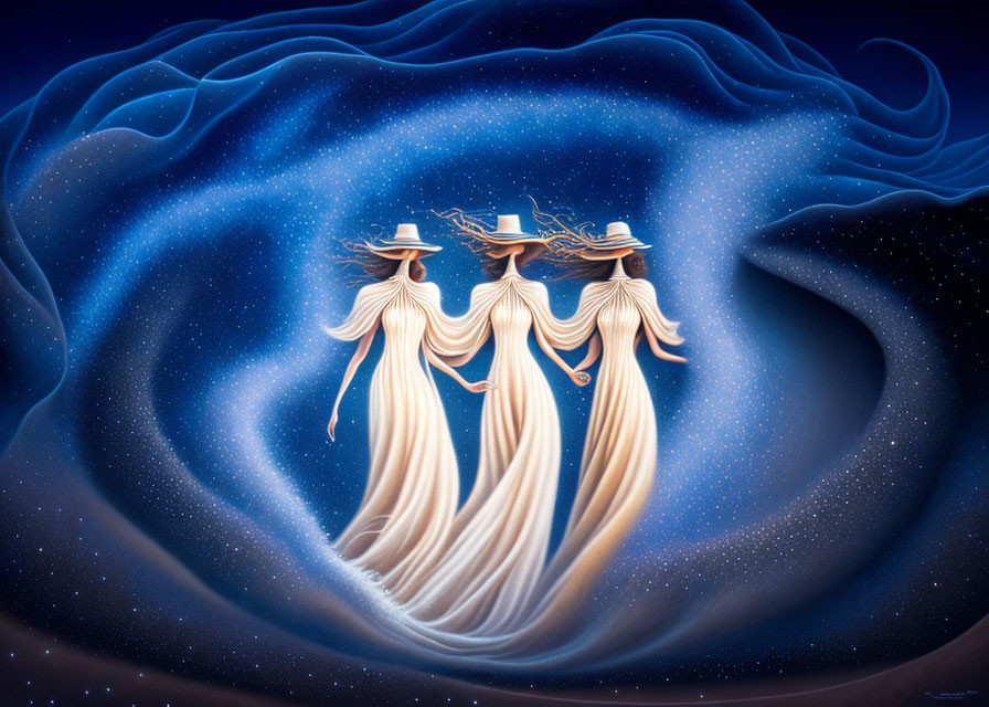 Three women in flowing dresses and hats against a starry sky backdrop.